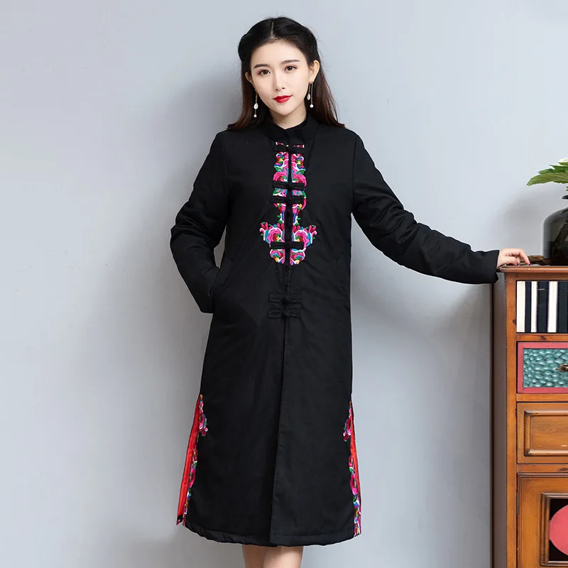 

Vintage Ladies' Style Machine Embroidery Linen And Cotton Warm Cotton Overcoat Mid-length Cotton-padded Jacket F1856