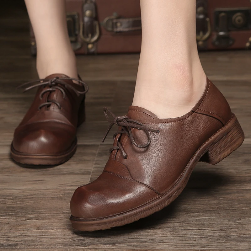 

2019 Handmade Square Thick With Women's Pumps Leather Low Heels Women's Shoes Lace Up Retro Female Shoes British Style