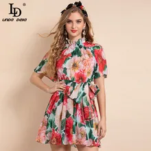 LD LINDA DELLA New 2021 Fashion Runway Summer Mini Dress abito da donna in Chiffon con stampa floreale a maniche corte in vita elastica