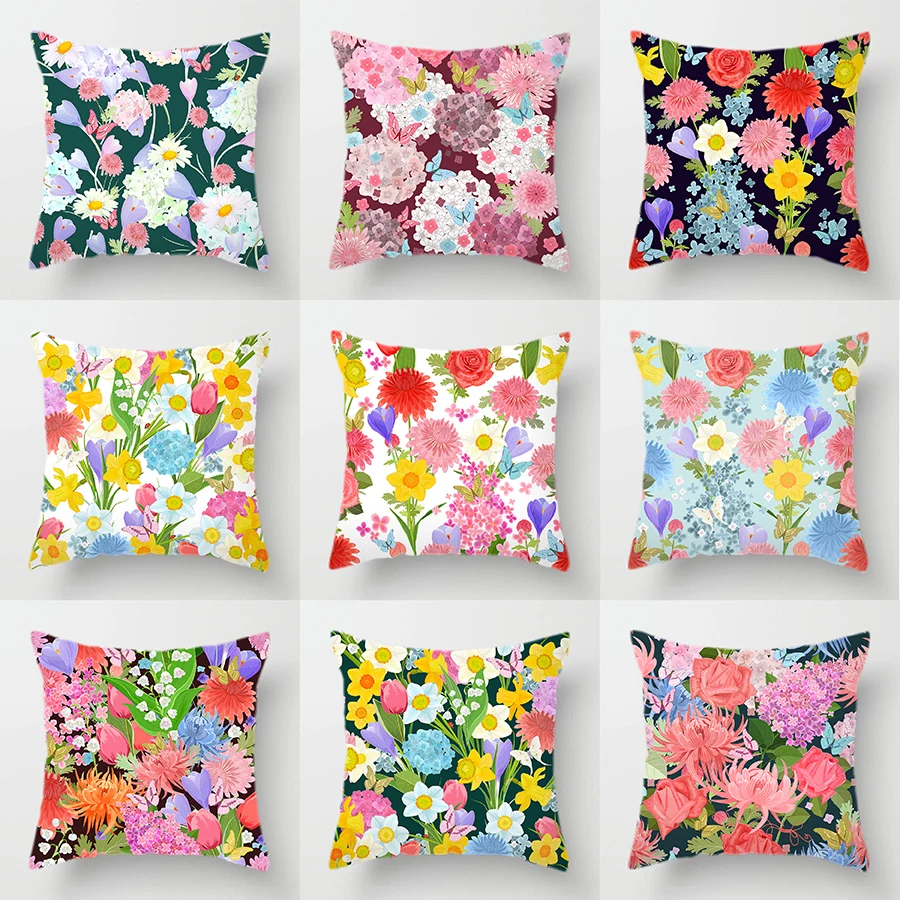 

Double-sided Printing Polyester Custom Cushion Cover Yellow Flower Plant European Throw Decoration Pillows Case Vintage for Sofa