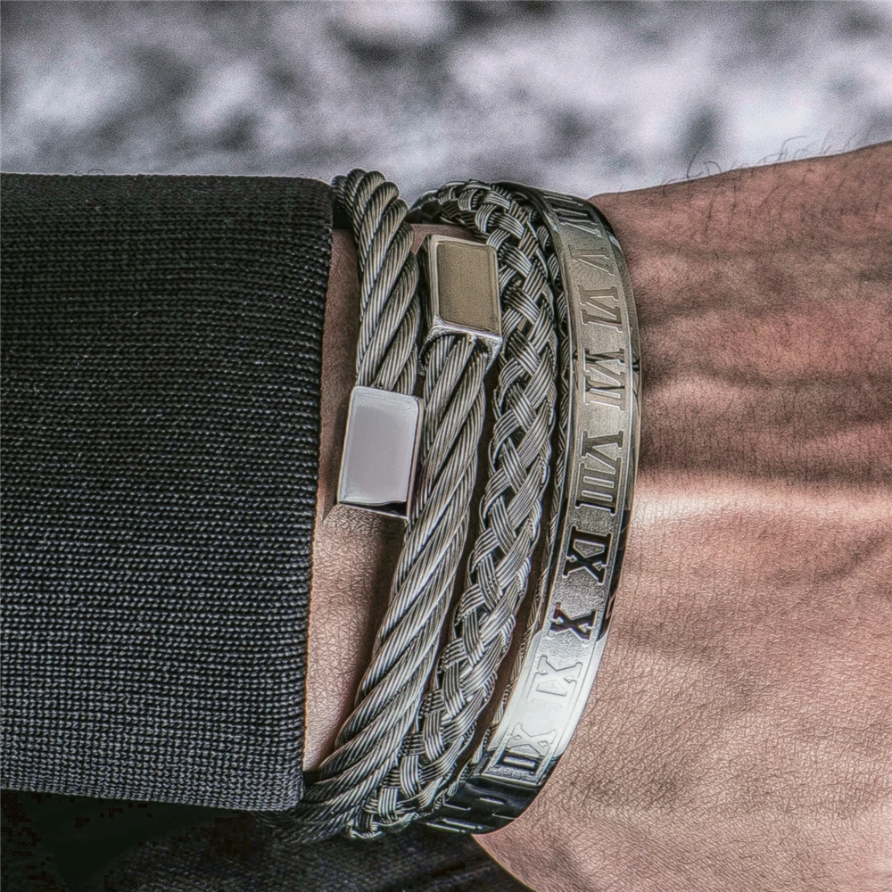 Luxury Roman Number Charm Woven Stainless Steel Bracelet Hip Hop Men Jewelry Gold Color Jewelry For Men Pulseira Bileklik bracelet jewelry