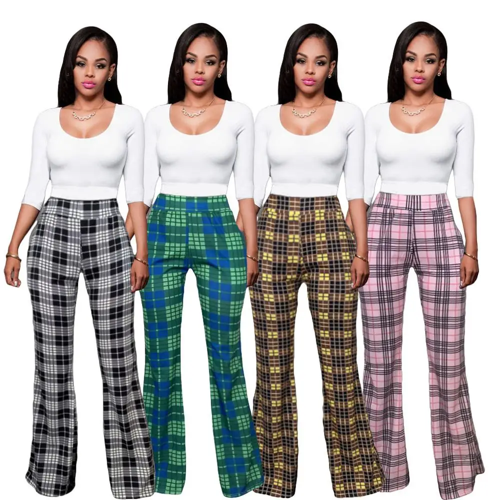 

European and American sexy women's personality trousers Slim plaid flared pants