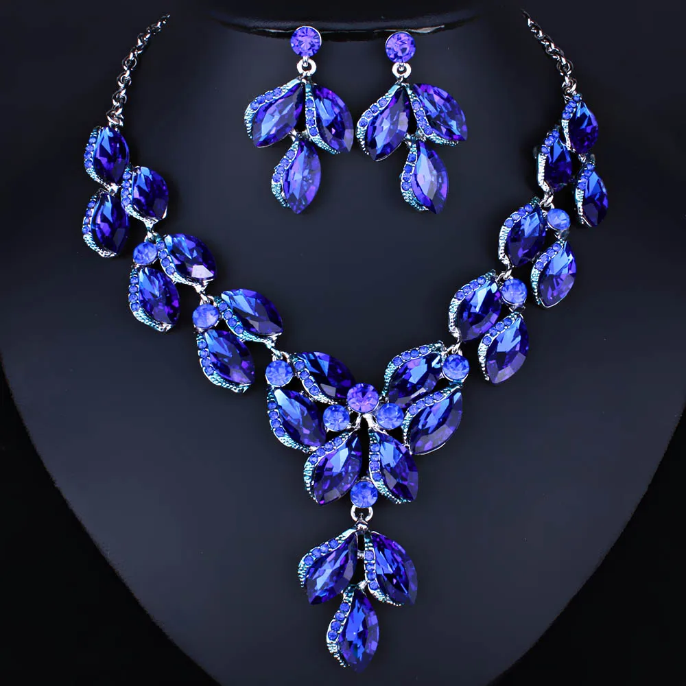 

FARLENA Wedding Jewelry Leaf Shape Multicolor Crystal Glass Necklace Earrings set for Women African Bridal Jewelry sets