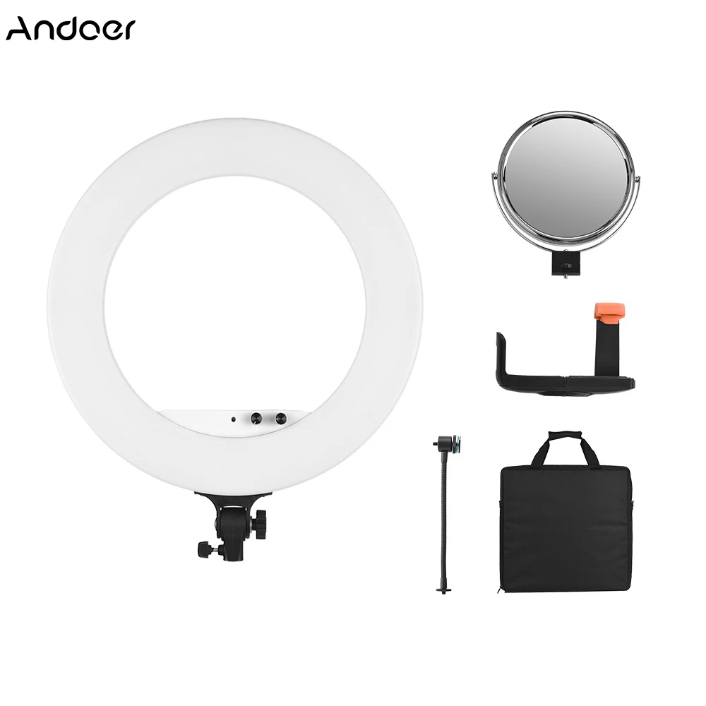 

Andoer 18" LED Video Ring Light Fill-in Lamp 80W Dimmable 3200K-5800K Bi-color Studio Photography Lighting w/Mirror Phone Holder