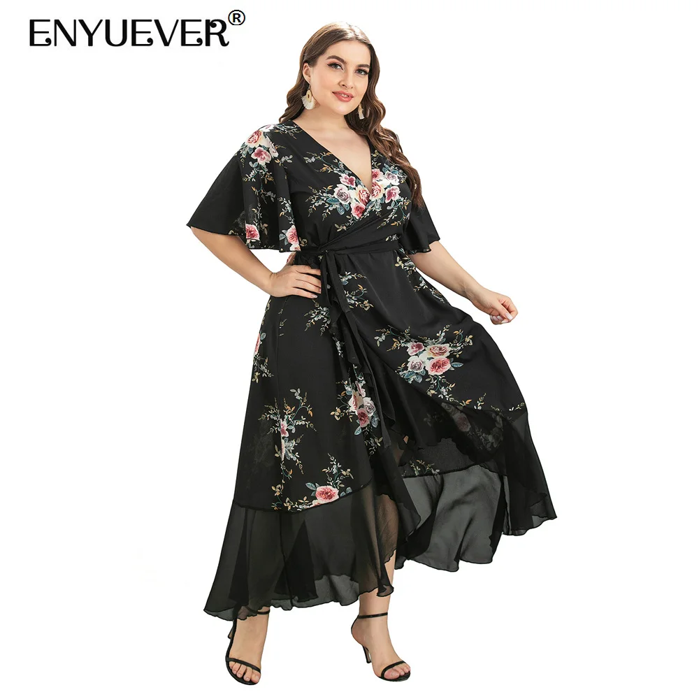 

Enyuever Elegant Floral Print Summer Dresses 5XL Plus Size Women Boho Clothing V Neck Ruffle Long Bohemian Party Wrap Dresses
