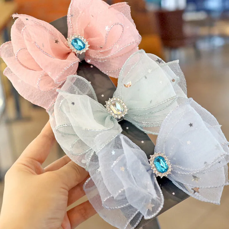 

Fashion Girls Quality Star Moon Print Gauze Big Bowknot Shining Crystal Hair Clips Princess Party Birthday Barrettes Hair Pins