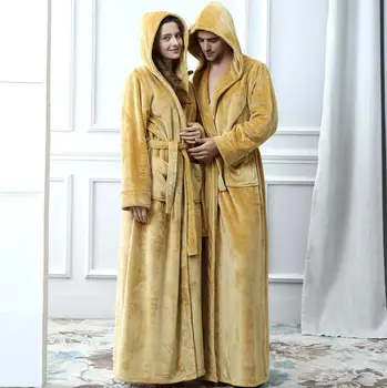 

Lovers Winter Extra Long Hooded Thermal Bathrobe Oversize Men&Wome Soft Flannel Thickening Warm Kimono Robe Dressing Gown