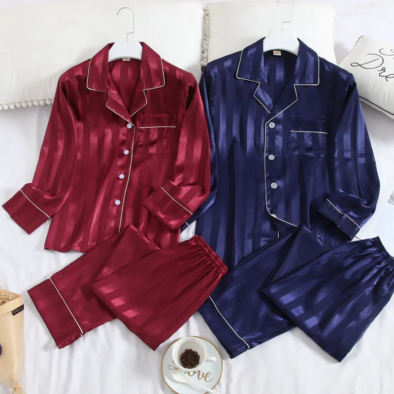 

New Couple Stripe Pajama Suit Long Sleeve Thin 2PCS Sleepwear Women&Men 2 PCS Shirt&Pant Lovers' Pyjamas Suit Home Clothes