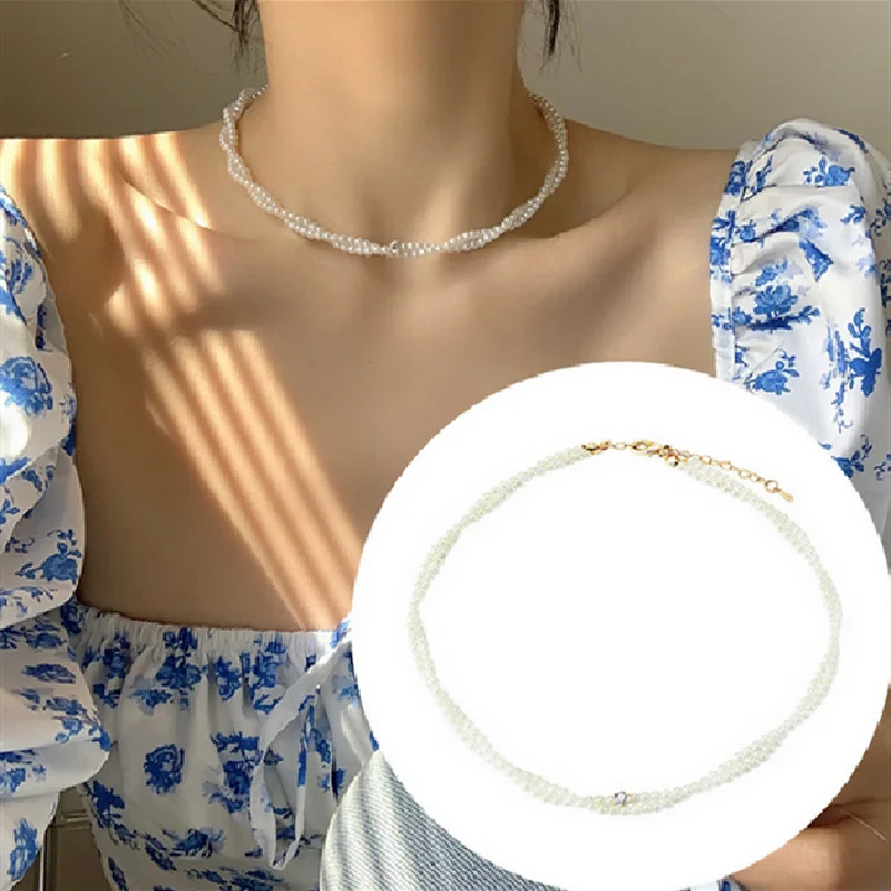 Korean Version Of Necklace Fashion New Temperament Fairy Crystal Pearl Double Necklace Women Bijoux Femme