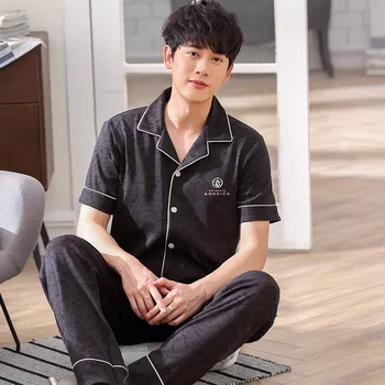 

Men Pajamas Summer Thin Section Short Sleeve Trousers Korean-style Cardigan Loose-Fit Plus-sized Homewear Set 2020 New Style