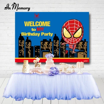 

InMemory Comics Spiderman Theme Kids 1st Birthday Party Backdrop Night Buildings Blue Photography Backgrounds Custom Poster