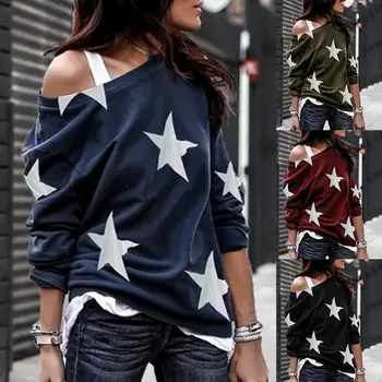 

Women Casual Loose Star Print Sloping Shoulder Long Sleeve Blouse Pullover Top
