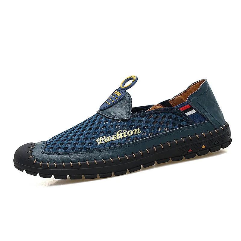 Для Мужчин's сандалии летние пляжные сандалии из натуральной кожи; дышащие мужские сандалии, обувь - Цвет: blue
