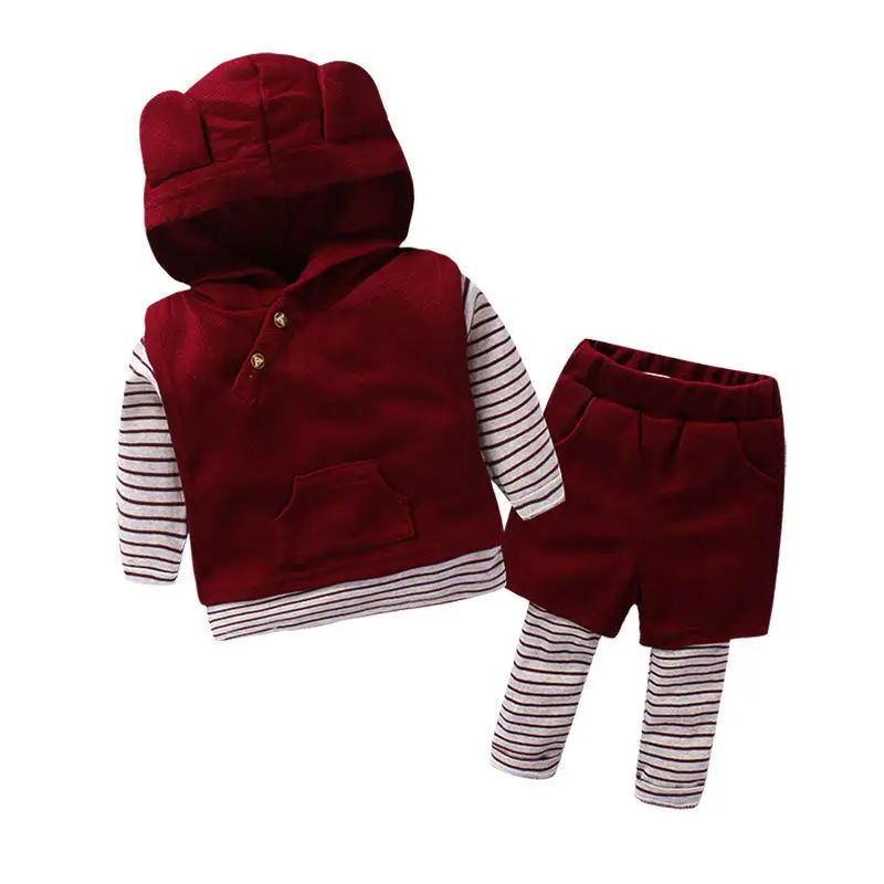 VIMIKID Одежда для малышей комплект осень г. однотонные Цвет без рукавов из хлопка+ футболка с длинным рукавом, футболка в полоску+ с имитацией двух отдельных изделий Повседневное штаны, 3 предмета в комплекте