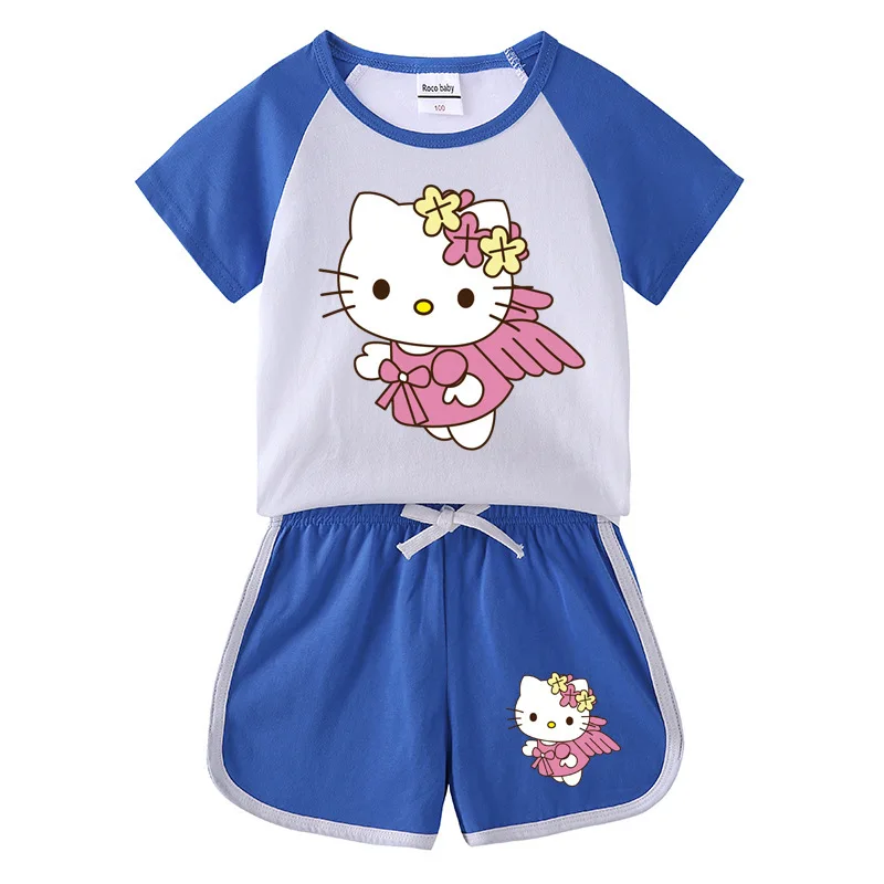 thumbnail image 1 of Traje deportivo informal de Hello Kitty, novedad de verano, pantalones calientes de dibujos animados para niñas, traje superior cómodo de algodón de dos piezas de manga corta para bebé, 1 of 5