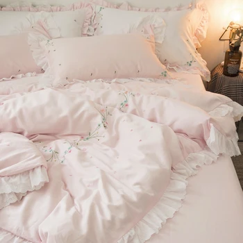 

Four-piece cotton cotton 60 long flannelette satin bedding princess style flounce lace bed sheet bedding sets quilt cover