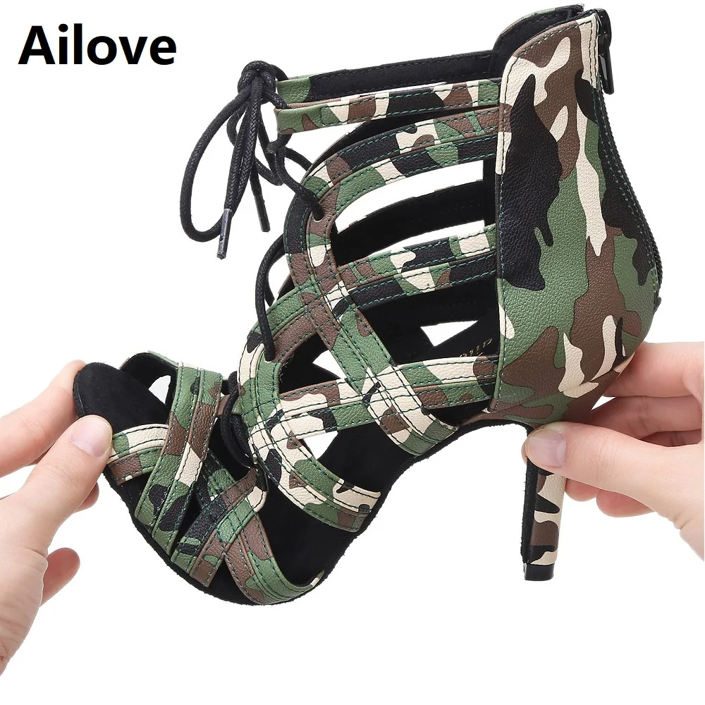 Ailove Women Ballroom Latin Salsa Dance Shoes Army Green Camouflage PU Social Party Wedding Ankle Lace