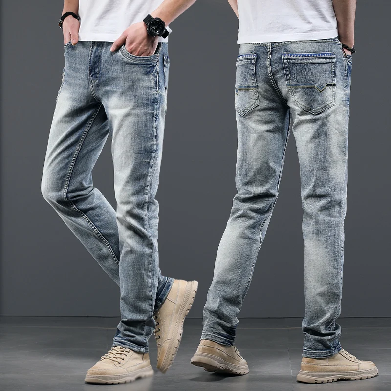 Summer Mens Light Blue Vintage Ripped Jeans Men Cotton Regular Straight Denim Pants Retro Distressed Jean Trousers