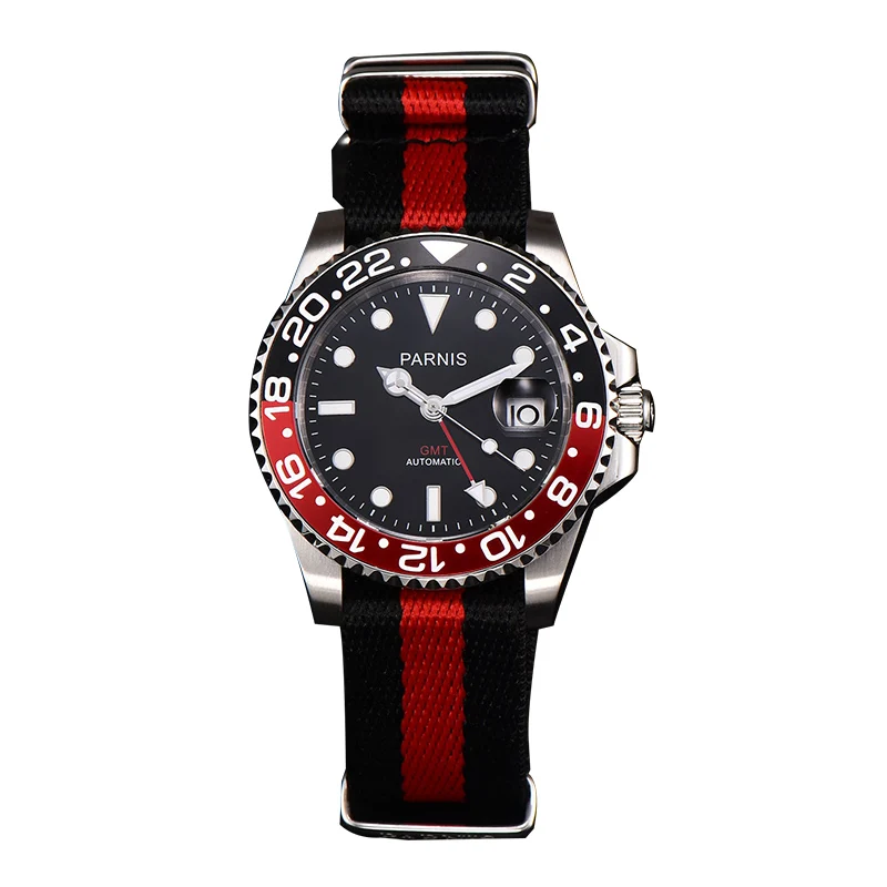 canvas black red Parnis 40 мм стерильный циферблат автоматические механические мужские часы ремешок из нержавеющей стали GMT Diver Мужские часы saatler mekanik мужские часы - Цвет: canvas black red