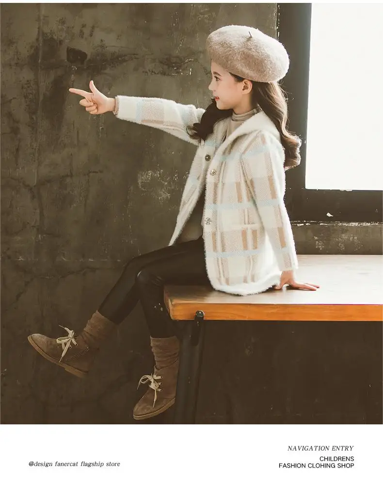 Autumn Winter New Kids Girls Long Sleeve Hoodie Clothing Children Girls Warm Woolen Jacket Teen Plaid Wool Coat Outwear K53