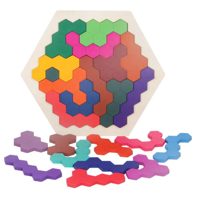 

Wooden Puzzles Brain Teasers Toy for Kids Adults, 14 Pcs Colorful Hexagon Fun Geometry Logic Tangrams Puzzle Table IQ Game Monte