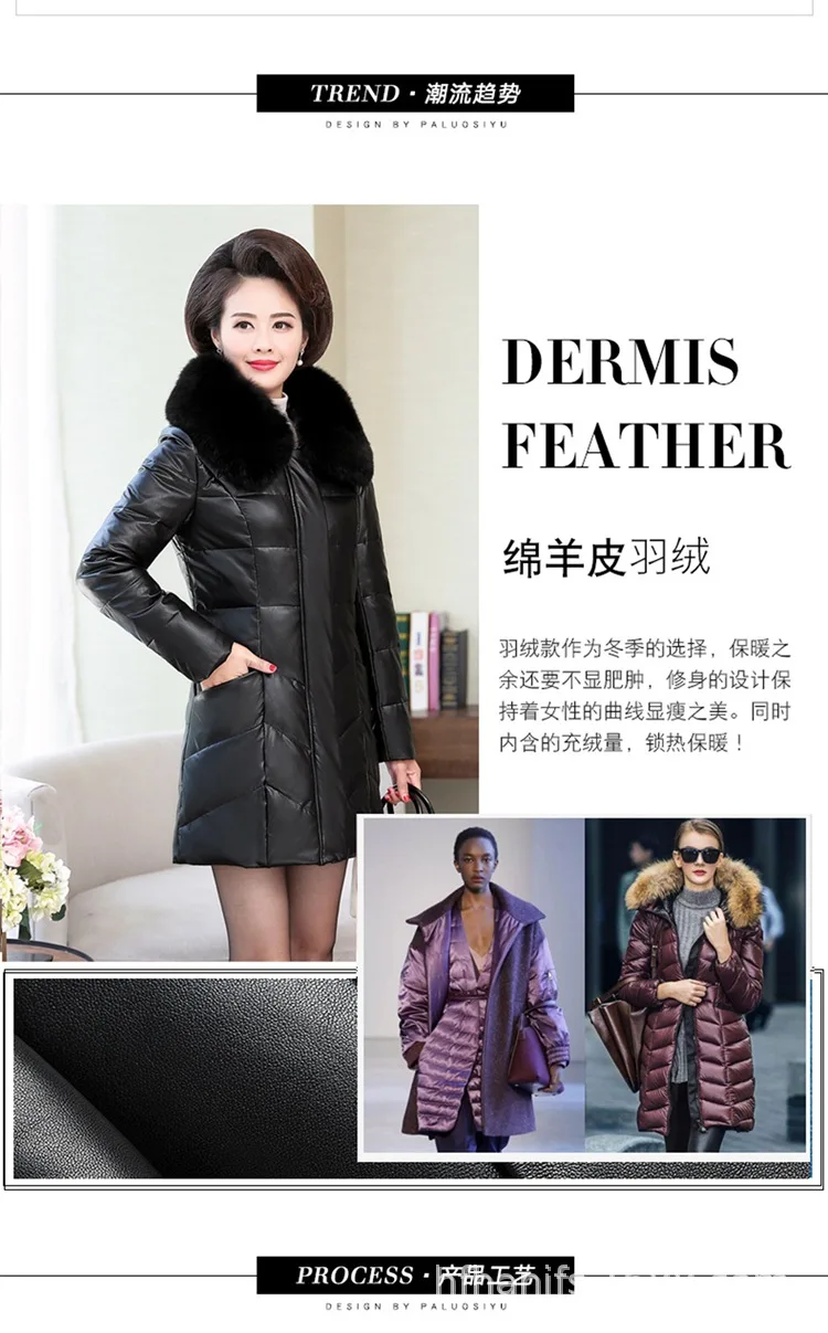 New Style Winter Elegant Europe And America Solid Color Leather down Jacket Fox Fur Collar Medium-length Laos WOMEN'S Dress