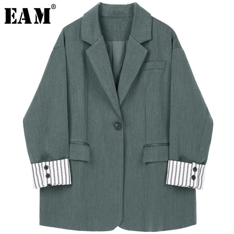 

[EAM] Loose Fit Striped Cuff Spliced Big Size Suit Jacket New Lapel Long Sleeve Women Coat Fashion Tide Autumn Winter 2019 1A215