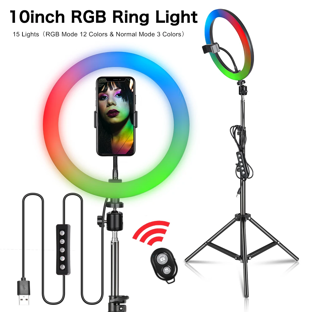 10 Pollici Rgb Led Ring Light Selfie Video Lighting Con Treppiede Per Telefono Fotografico Youtuber Video Photo Studio Ring Lamp