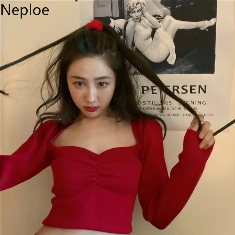 Neploe, Ретро стиль, квадратный воротник, сексуальный, ключица, без бретелек, свитер, однотонный, длинный рукав, вязанный, короткий, Pull Femme, пуловер, тонкий, Sueter 48119