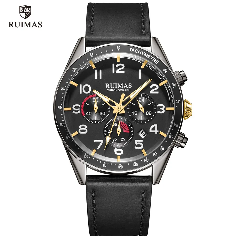 RL574G-Black Мужские часы RUIMAS от ведущего бренда, Роскошные военные наручные часы с кожаным ремешком, модные повседневные спортивные часы с хронографом, Relogio 574 - Цвет: RL574G-Black