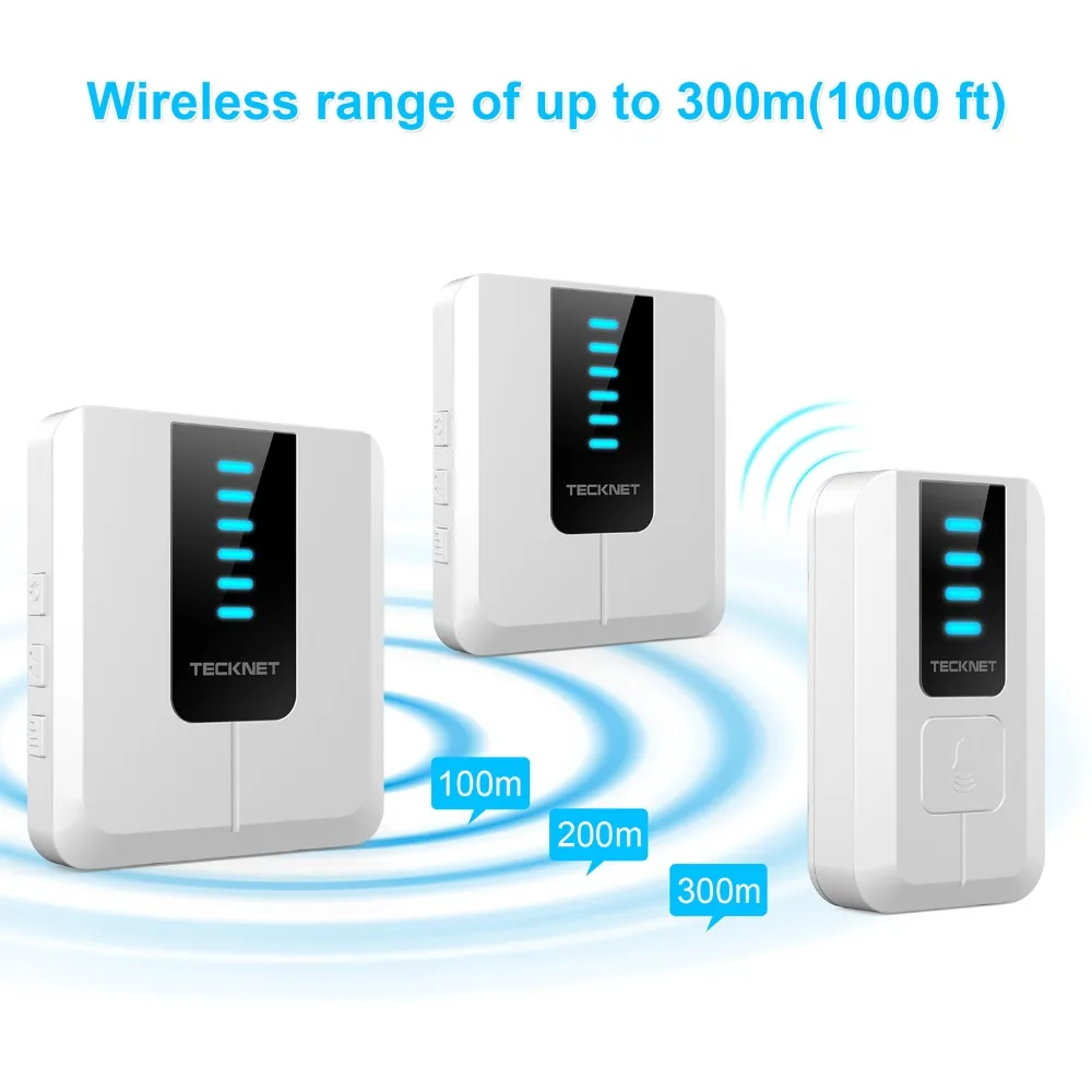 TeckNet Беспроводной дверной звонок Водонепроницаемый штепсельная вилка-в беспроводной дверной звонок 2 пуш-ап Bell 300 м Диапазон 52 Мелодии, исполняемые на 4 уровня громкости синий светильник