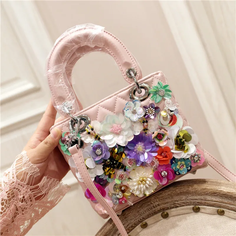 

2019 Spring Fashion New Tote Bag Quality PU Leather Women's Designer Handbag Hand-studded Pearl Flower Shoulder Messenger Bags