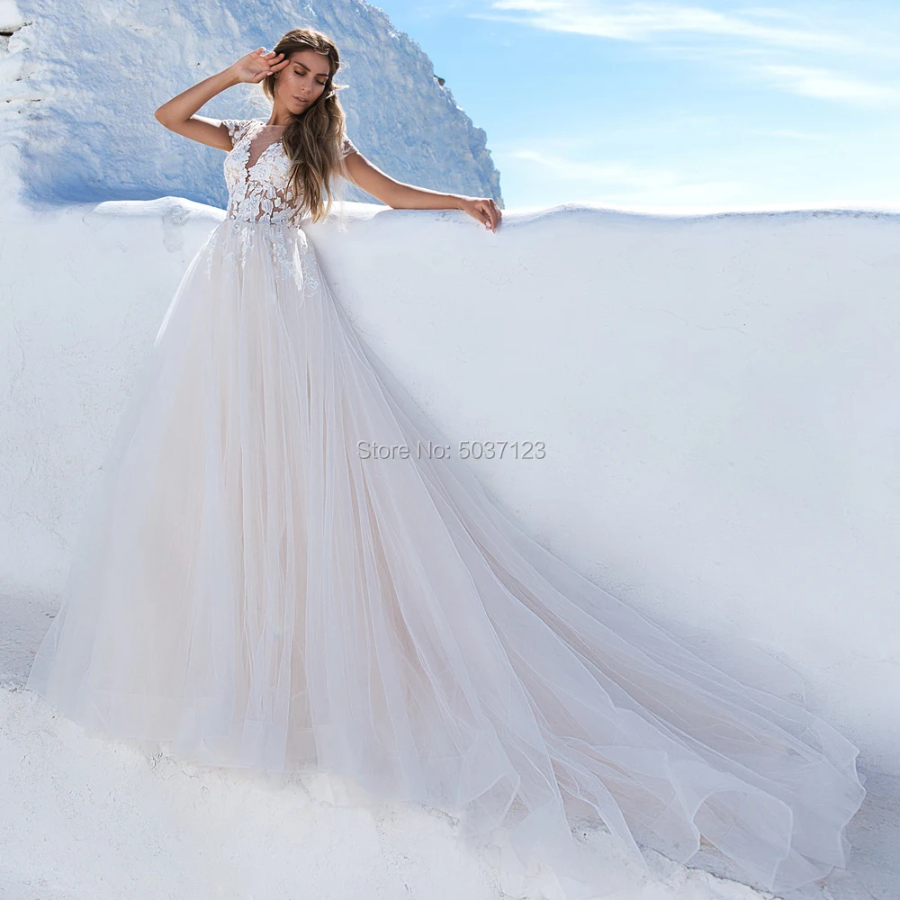 EEN Line Tulle Wedding Jurken V-hals Korte Mouwen Kant Applicaties Backless Bruidsjurk Plus Size Vestido De Noiva EEN Line Tulle Wedding Jurken V-hals Korte Mouwen Kant Applicaties Backless Bruidsjurk Plus Size Vestido De Noiva