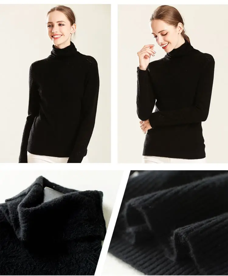 Winter Turtleneck Cashmere Wool Sweaters New Casual Heaps Collar Women Solid Long Hollows Sleeve Pullovers Knitte
