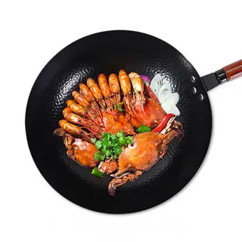 

32cm Metal Uncoated Non-stick Wooden Handle Iron Dishwasher Safe Cooking Pan Kitchen Restaurant Useful Fry Pan Cookware