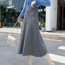 Осенне-зимняя вязаная миди юбка женская однотонная плиссированная юбка с высокой талией корейская модная теплая уличная Saia Faldas