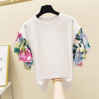 

Lotus Short Sleeve Flounced Cotton T-shirt Women 2020 Summer New Wear T-shirt Tops Female Clothes Harajuku Tshirt Lady's Tee Top