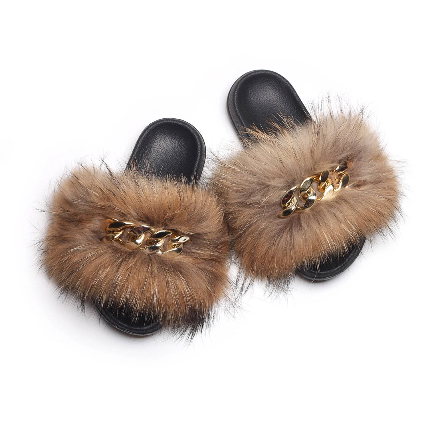 Fox Fur Furry Brown Slides Real Fox Raccoon Fur Slippers Fashion