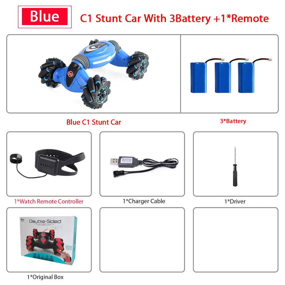 Remote Control Stunt Car Gesture Induction Twisting Off-Road Vehicle Light Music Drift Dancing Side Driving RC Toy Gift for Kids - Color: BLUE 1Remote 3B