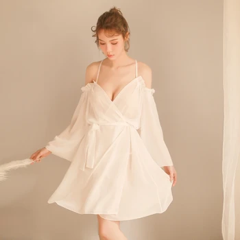 

Lady Sexy Lingerie Bathrobes Perspective Lace Suspender Chiffon Pajamas Drop Shoulder Night Skirt Low Cut Intimate Nightdress