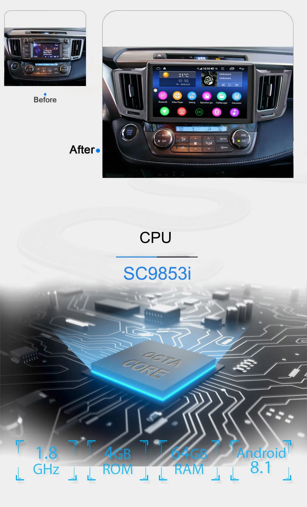 ARKRIGHT 10,1 ''1 Din 4+ 64GB мультимедиа для Android плеер навигация gps головное устройство для Toyota RAV4 2012- 4G/Carplay/DSP