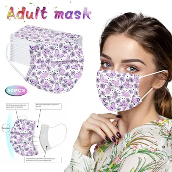 

50pc Adult's Butterfly Printed FaceMask For Women Disposable Protective FaceMasks Three Layer Breathable Mask Ear Hook Masque