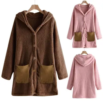 

Women's Long Hooded Sweater Sweatshirt Winter Plush Wool Pocket Sweatshirt Coat Solid Color Wool Button Coat Cotton Jacket