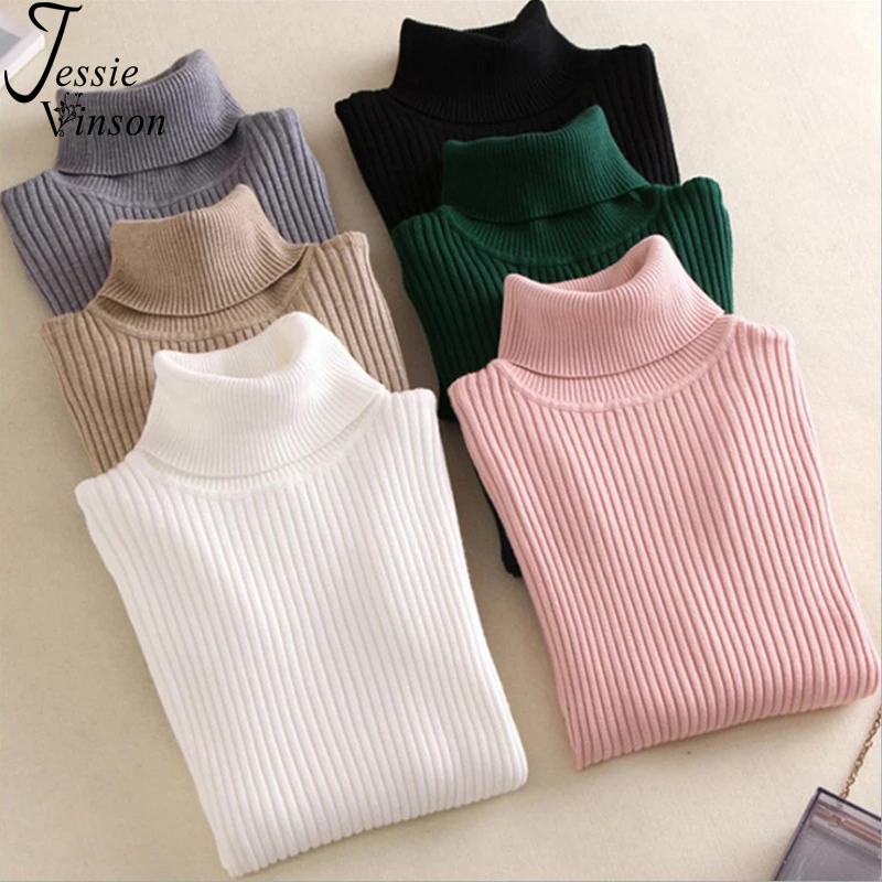 Jessie Vinson Turtleneck Solid Ribbed Sweater Women Korean Style Pullover Jumper Autumn Winter Basic Knitted Tops | Женская одежда