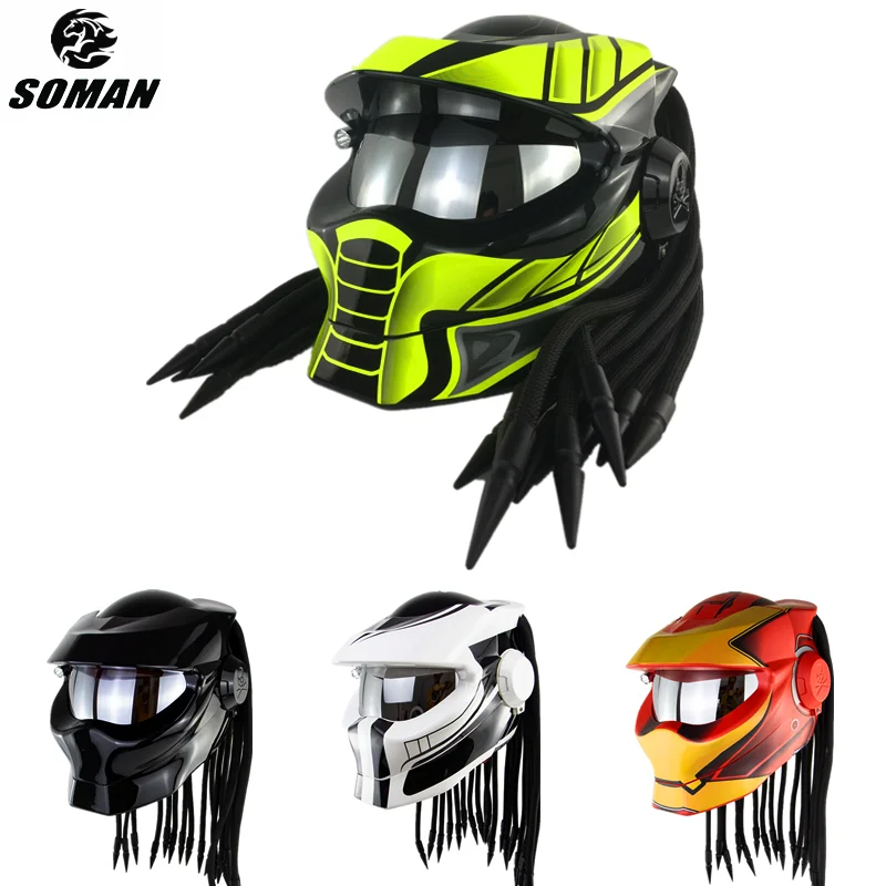 SOMAN Cool Predator Helmet DOT Approved Men Retro Moto Helmet Predator Custom Full Face Motorcycle Helmets Black Braid Cascos