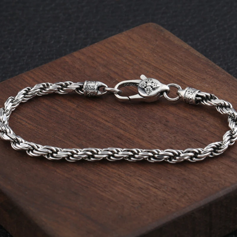 S925 sterling silver retro fashion fashion ramie bracelet men's and women's silver wrist jewelry