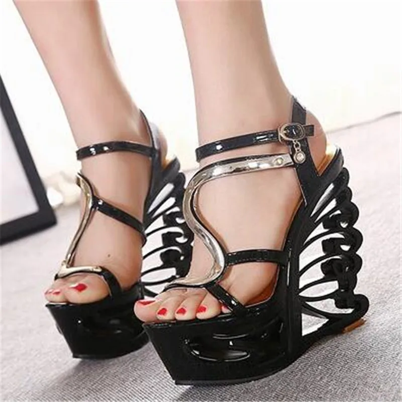 

Women Summer Hollow out Wedge Sandals Female Platform 15CM Super High Heel Sandals Fashion Ankle Strap Open Toe Ladies Shoes
