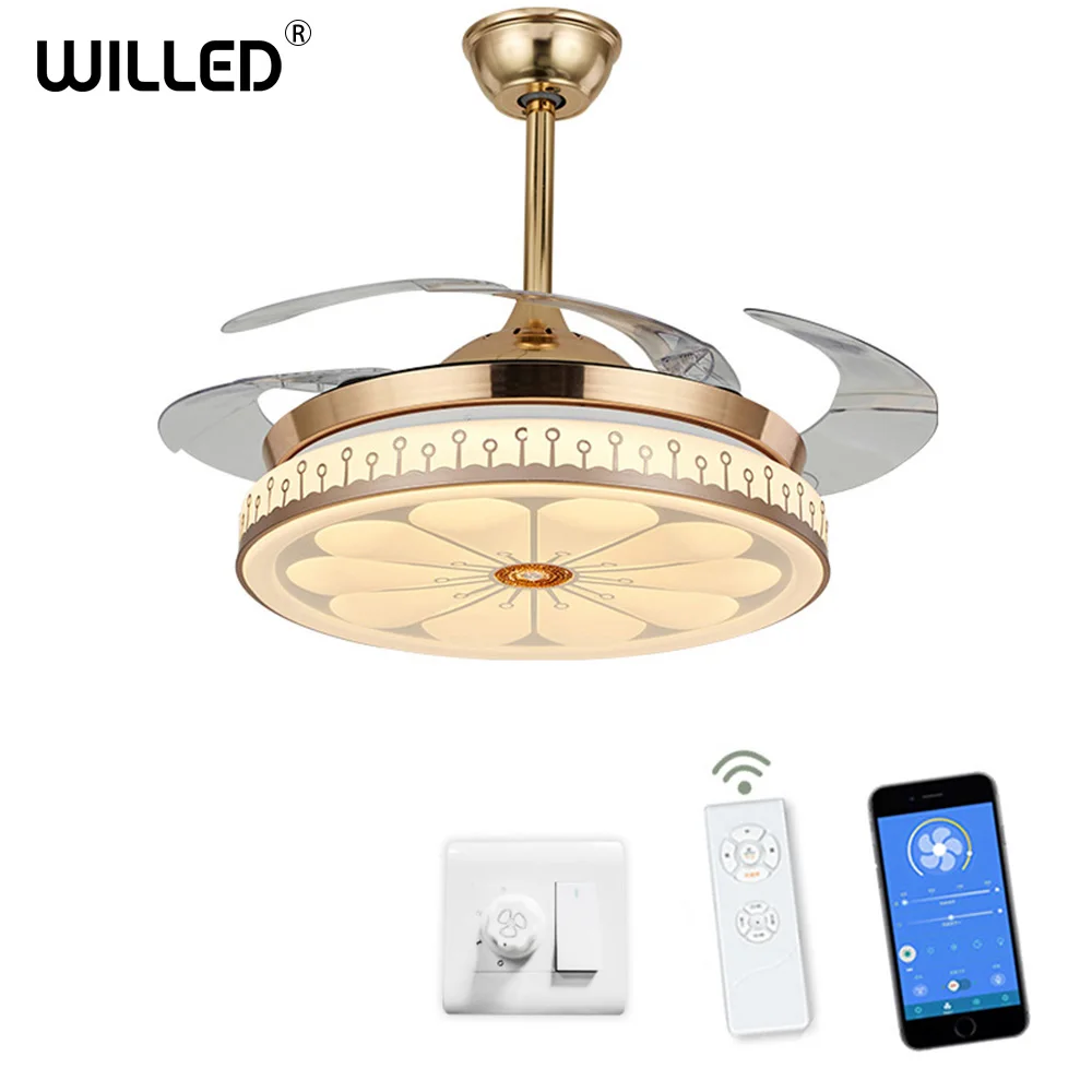 

ceiling fan+lamp Lights Remote wall Control bluetooth frequency conversion Invisible Leaves home decoration Adjustable dimming