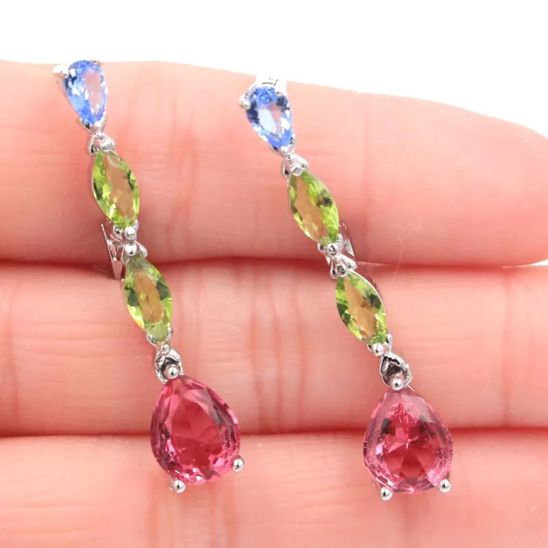 

39x10mm Multi Color Pink Tourmaline Peridot Violet Tanzanite CZ Silver Earrings