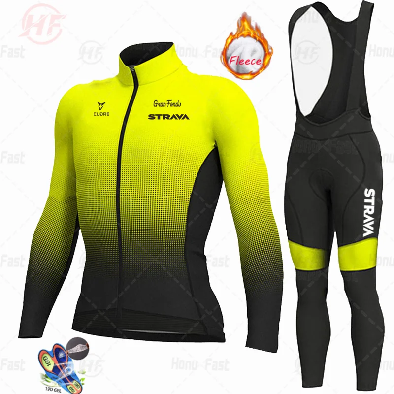 STRAVA 2022 Men Winter Fleece Cycling Jersey Set Keep warm Cycling Clothing  Mountian Bike Bicycle Clothes Ropa Maillot Ciclismo